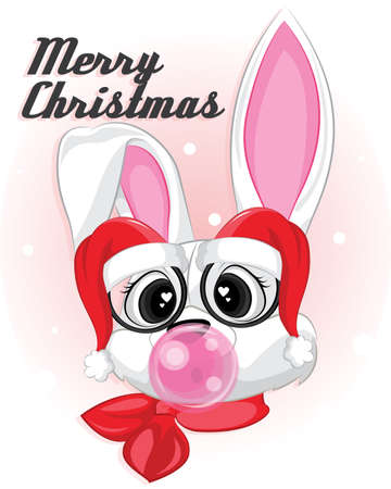 White rabbit with santa hat eyeglasses. Baby White bunny on christmas backgroundのイラスト素材