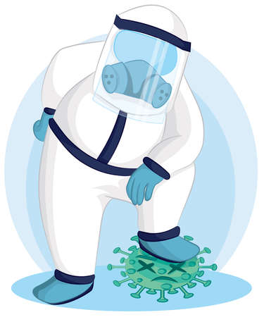 doctor stepped foot on corona virus. Vector illustration fight corona virus. cure corona virus. people fight virus concept. don't be afraid of the corona virus concept.のイラスト素材