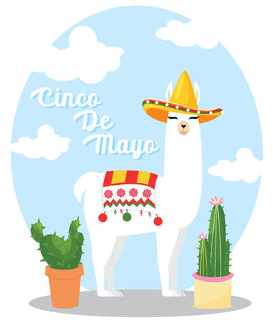 Cinco de mayo greeting card with cute llama wearing a sombrero. Vector hand drawn illustration.のイラスト素材