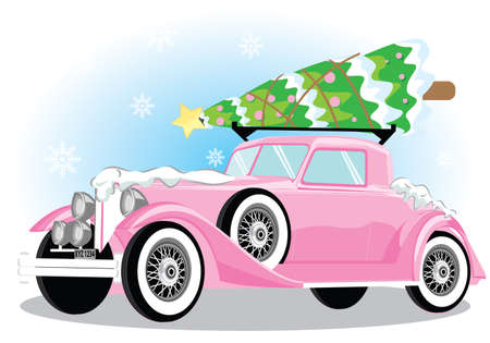 pink car with christmas tree. merry christmas poster.のイラスト素材