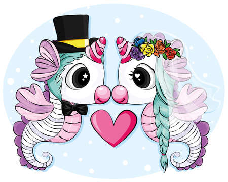Couple unicorn with green hair vector illustration. Cute cartoon seahorse couple. Male and female sea horses with hearts.のイラスト素材
