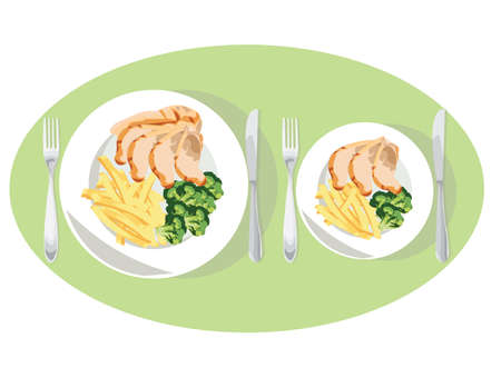 Diet weight loss concept. Smaller plates for weight loss. Diet Tips : Large Plate Vs.Small Plate.のイラスト素材
