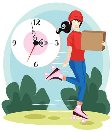 Delivery courier holding box on the background of clock. Delivery courier with roller skates. Delivery courier with box in hands. Vector flat design illustration.のイラスト素材