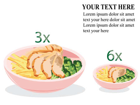 Diet weight loss concept. Smaller bowl for weight loss. Diet Tips : Large bowl Vs.Small bowlのイラスト素材