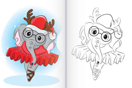 Coloring book illustration of a christmas baby elephant.のイラスト素材
