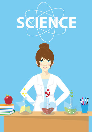 Female scientist in lab coat checking artificial neurons connected into neural network. Computational neuroscience, machine learning, scientific research. Vector illustration in flat cartoon style.のイラスト素材