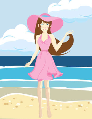 Happy traveler woman in pink dress enjoys her tropical beach vacationのイラスト素材