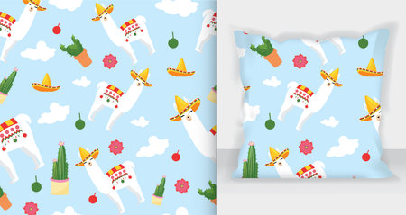 Llama pattern pillow mockup. pattern with cute Alpaca.のイラスト素材