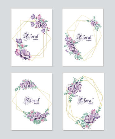 Wedding floral invitation, invite, save the date template. Vector elegant botanical card design with purple plants, cute wax flower green forest fern leaves with golden geometrical frameのイラスト素材