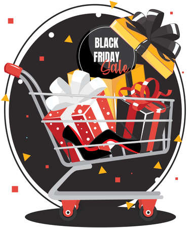 Red gift box with black bow in shopping cart with black friday sale and black shoesのイラスト素材