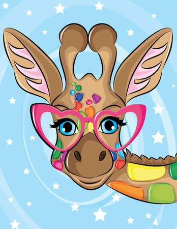 Funny poster. Portrait of a Giraffe in a love glasses. Vector illustration.のイラスト素材