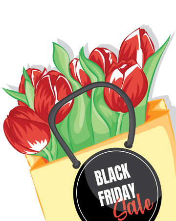 Bouquet of red tulips wrapped in craft paper on the white table. red tulips in a paper bag. Background for black friday sale template.のイラスト素材