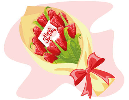 happy spring. top view of beautiful red tulips bouquet in wrapping paper and ribbonsのイラスト素材