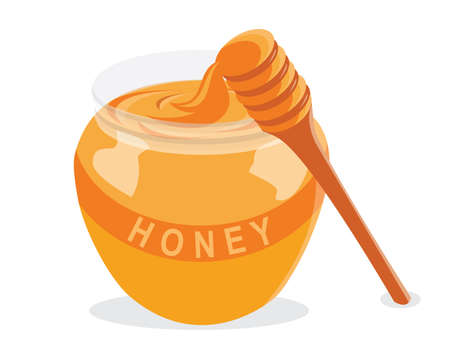 Honey pot and dipper isolated on white backgroundのイラスト素材
