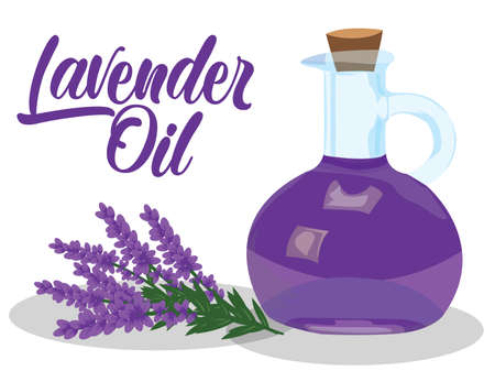 Glass bottle of Lavender essential oil with fresh lavender flowersのイラスト素材