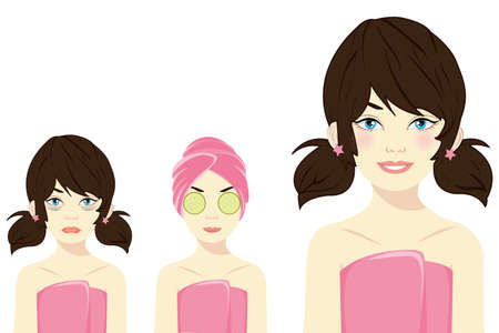 Cute girl in a towel with cucumbers on her eyes. Spa treatment. Vector illustration.のイラスト素材