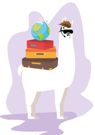 cool llama agent with a pile of suitcases. World Tourism Day vector illustration.のイラスト素材