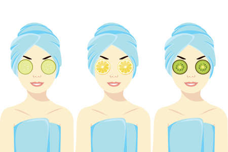 Natural homemade fresh cucumber, kiwi and lemon facial eye pads facial masksのイラスト素材
