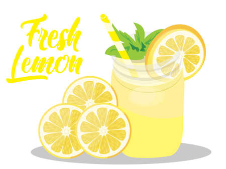 A glass of fresh lemon juice on a yellow background.のイラスト素材
