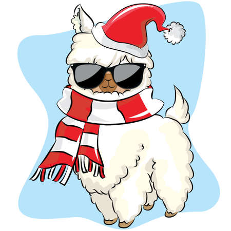 Cute white llama and santa hat. Vector hand drawn illustration.のイラスト素材