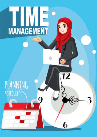 Time management with a hooded female illustration over a wall clockのイラスト素材