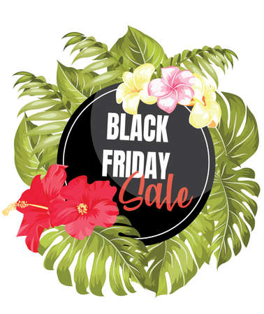 Vector tropical leaf black friday sale banner. Trending colors modern botany design.のイラスト素材