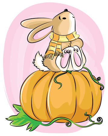 illustration is isolated on white background. A Little mouse in orange scarf Is sitting on the red pumpkinのイラスト素材