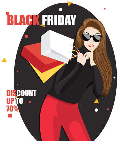 attractive woman shopaholic in red trendy oversize dress holding shopping bags on with sunglasses, making silence gesture, colorful, secret sale, black friday fashion trend.のイラスト素材