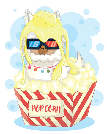 Cute llama on popcorn watching a movie, illustration renderのイラスト素材
