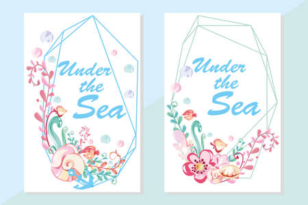 sea round wreath , shell and corals, starfish and pearl, invitation card template with geometric frame.のイラスト素材