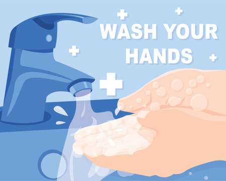 washing hands under the water tap. Hygiene concept hand detail.のイラスト素材