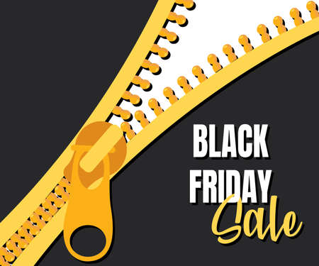 black friday sale with gold zipper. Yellow advertising icon to promote retail business, attract customers. Sale of various goods for a limited time. Vector illustration.のイラスト素材