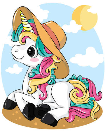 Beautiful unicorn girl in summer hat on sky background illustration vector.のイラスト素材