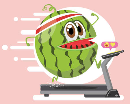 Cute watermelon doing exercises on a treadmill. Eating healthy and fitness. Vector illustration isolated on background.のイラスト素材