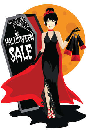 Elegant shopping woman Halloween sale advertising background template.  vector illustration.Black Friday sale black tag, round banner, advertising.のイラスト素材