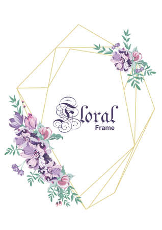Floral geometrical vector design frame. Wedding card.Art deco style.Gold line art.All elements are isolated and editable.のイラスト素材