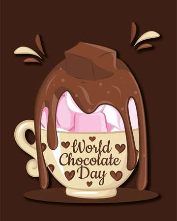 Chocolate milk with marshmallow on the cup cartoon illustrations for world chocolate dayのイラスト素材