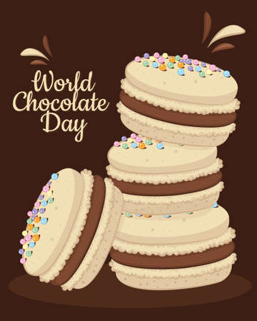 macaroons with chocolate filling in different angles. World chocolate day concept with french macaroonsのイラスト素材