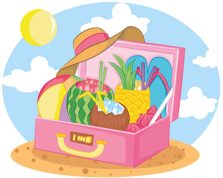 Beach Accessories In pink Suitcase On Beachのイラスト素材