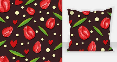Beauty Red Tulips Seamless Pattern Vector Illustration. White Background.のイラスト素材