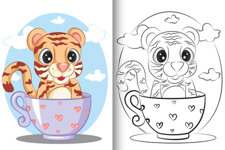 Cute Cartoon Tiger is sitting in a purple Cup. Coloring book for kids.のイラスト素材