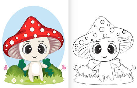 coloring page template with cute mushrooms cartoon on the grassのイラスト素材