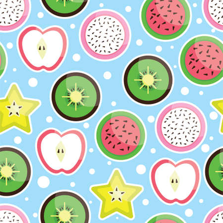 Trendy colorful of summer fruits mixed fruits dragon watermelon kiwi star fruit and apple seamless...