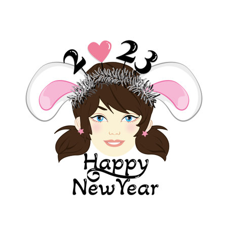 cute girl imitating bunny wear. happy new year greeting cardのイラスト素材