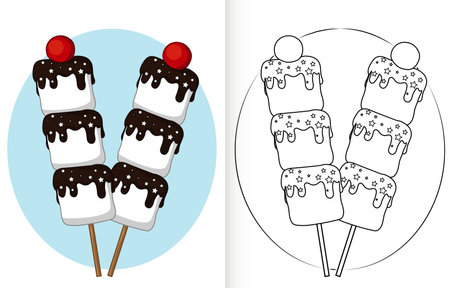 Cute little marshmallows on stick. marshmallows Coloring Page for Kidsのイラスト素材