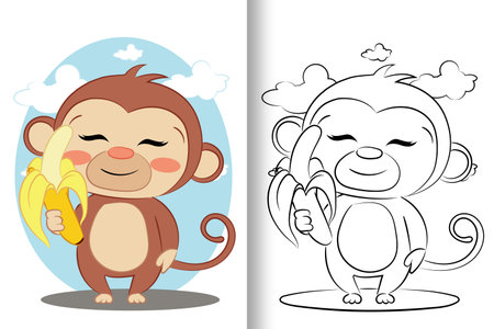 Animal Character Coloring Book for Children. Little Cute Monkey Holding Bananaのイラスト素材