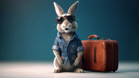 Rabbit character wearing vacation shirt and sunglasses with suitcase. generative aiの素材