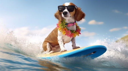 dog surfing on a wave ocean sea on summer vacation with sunglasses and flower chain. generative aiの素材