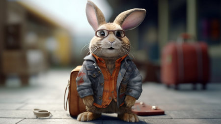 Rabbit character wearing vacation shirt and sunglasses with suitcase. generative aiの素材