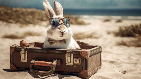 Rabbit baby bunny in old suitcase on the beach . generative aiの素材